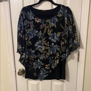 Black and Blue Asymmetrical Flutter Sleeve Blouse
